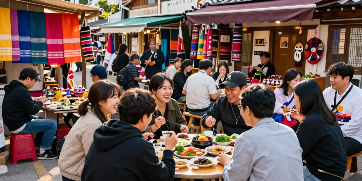 Dining scene at 상봉동 한국관 with friends enjoying traditional Korean dishes outdoors.