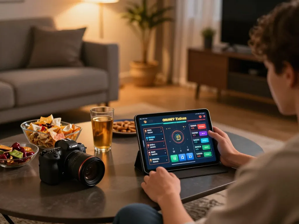 Person using tablet for siti scommesse esteri betting at home, warm atmosphere.