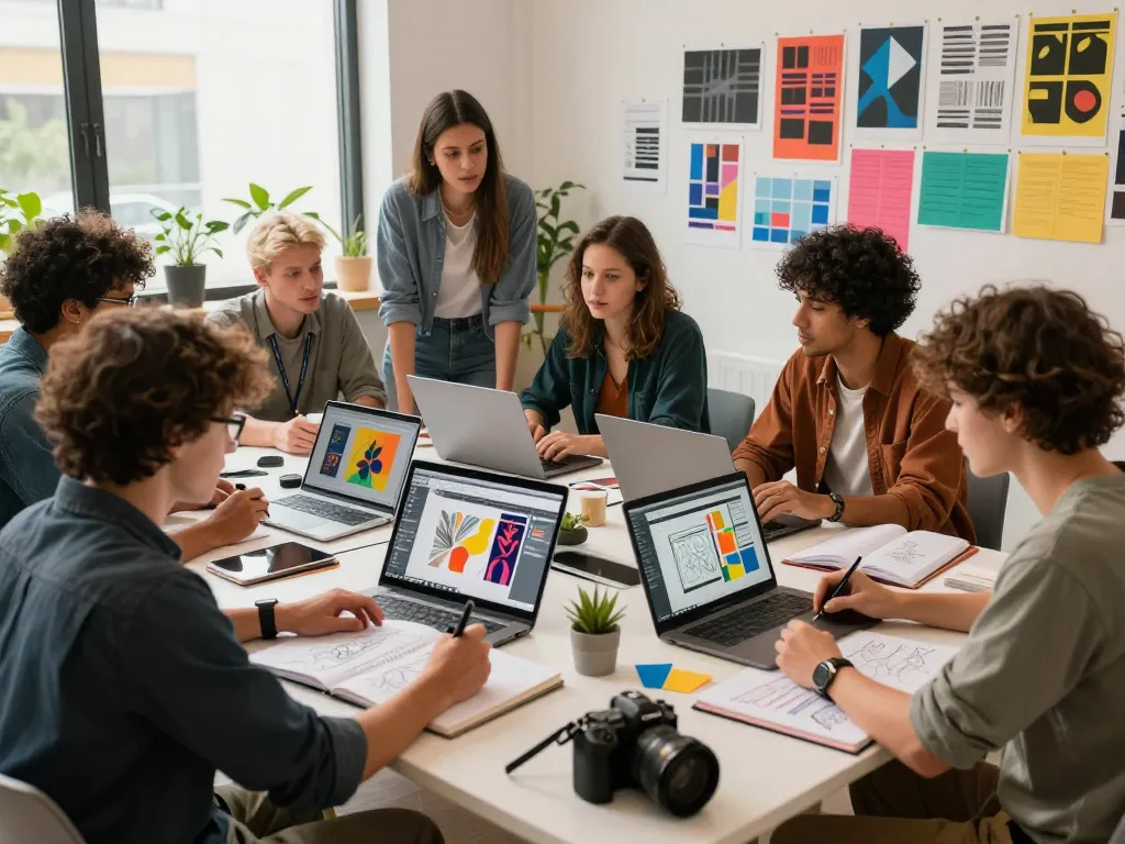 Image to prompt in a dynamic creative workspace as designers collaborate on vibrant artwork and digital designs.