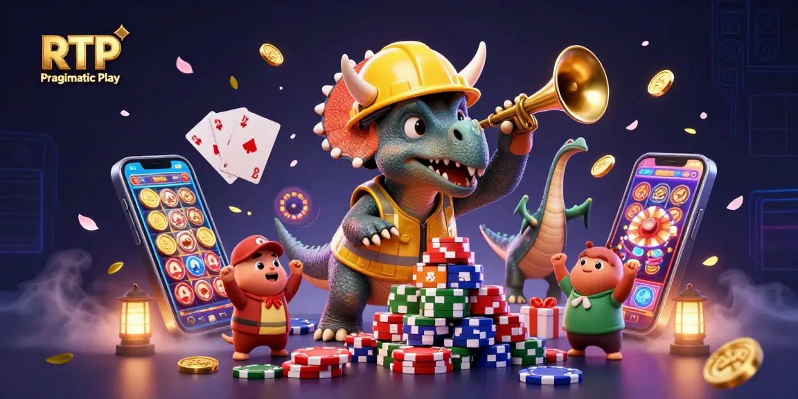 Cheerful characters celebrating RTP Pragmatic Play gains in a colorful casino environment.