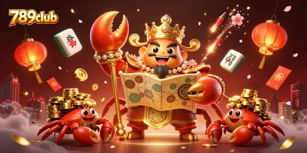 Experience the thrill of 789club with a rich, vibrant casino scene featuring a golden crab emperor amidst festive decorations.