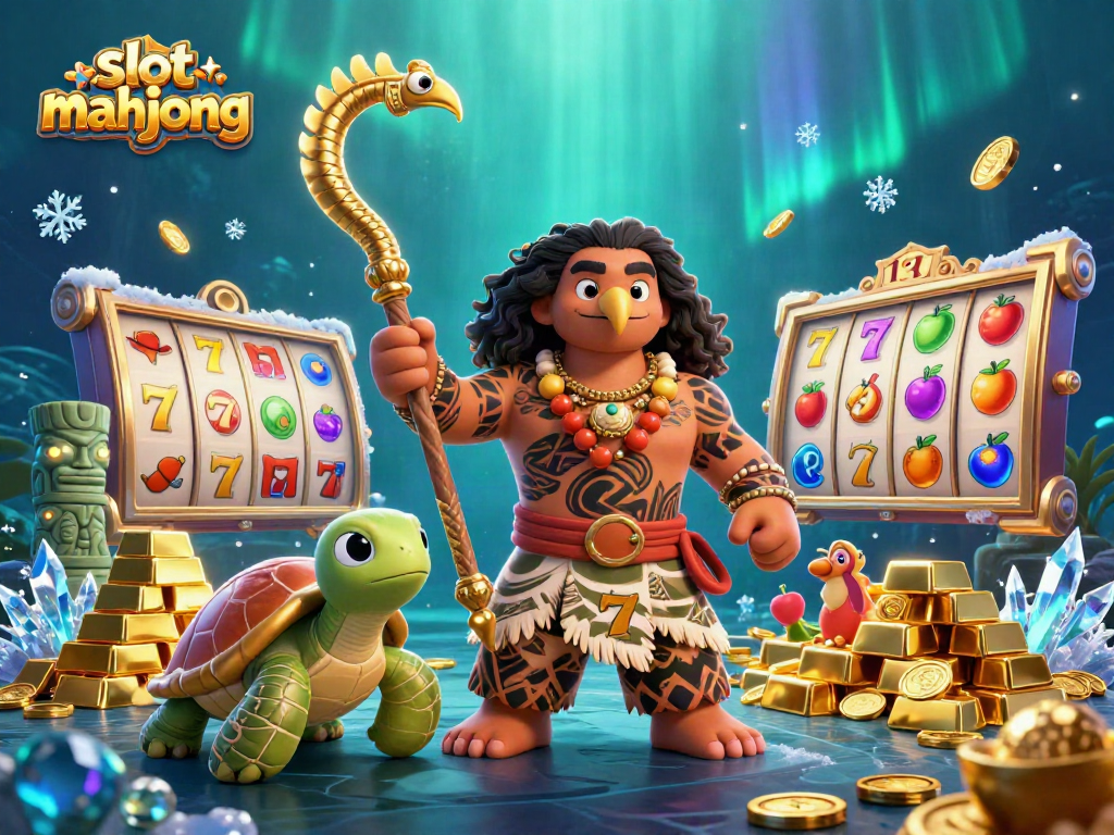 Engage with slot mahjong's vibrant 3D illustration featuring jackpot reels and treasure.