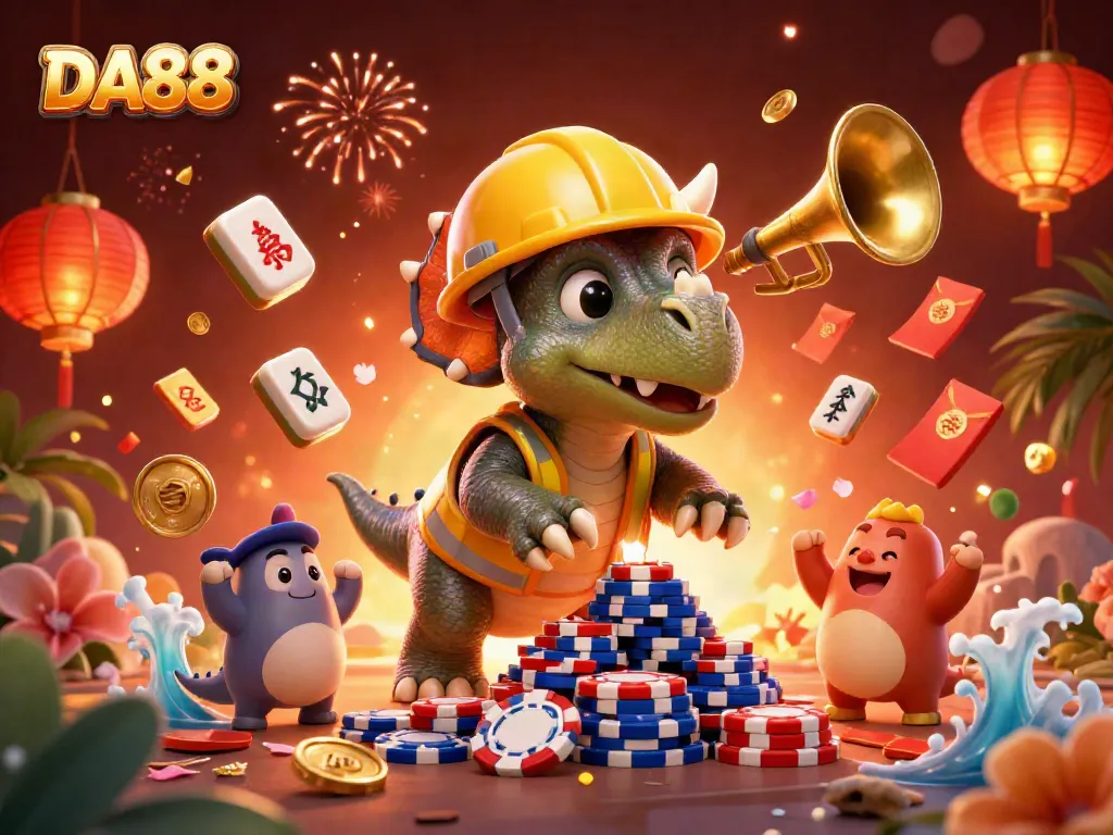 DA88 showcases a triceratops building poker chips while celebrations occur around it, embodying online casino excitement.