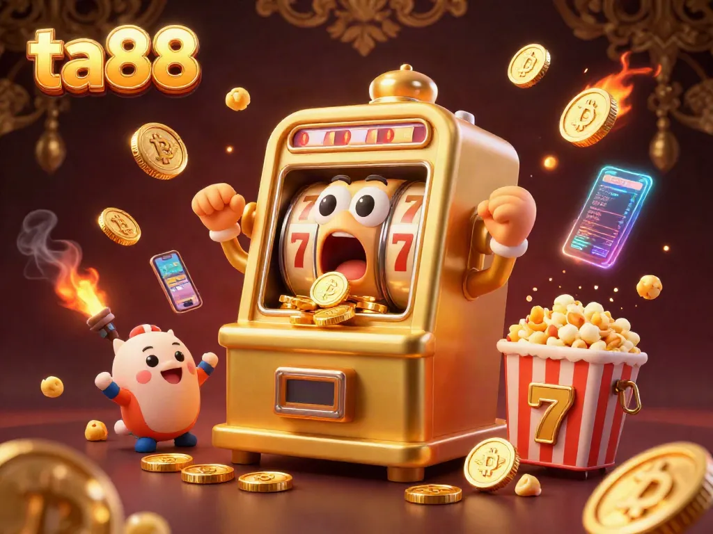 Watch ta88's golden slot machine celebrating its jackpot victory while golden coins pour out, surrounded by cheering mini slots.