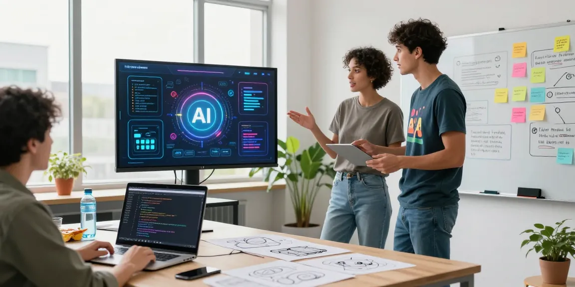 Interactive workspace showcasing Kobold AI engagement with developers discussing technology in a vibrant co-working space.