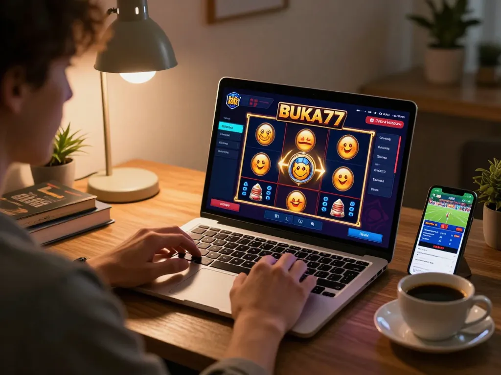 Engaging player enjoying BUKA77 online slot game at home, highlighting modern gambling setup.