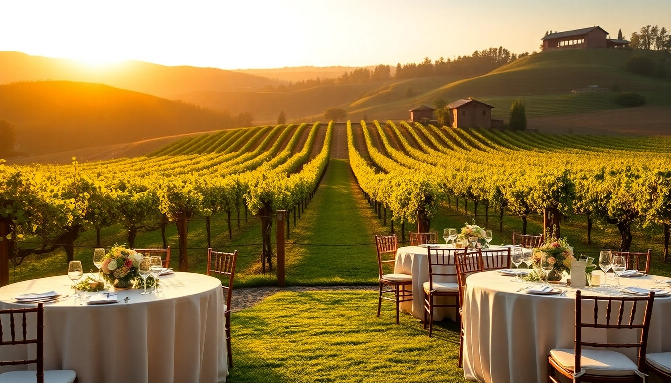 Elegant wedding setup showcasing Clarksburg Wedding Venues amid stunning vineyards.