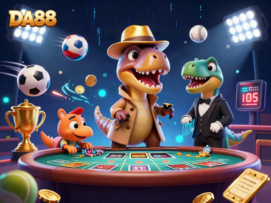 DA88 casino scene where a velociraptor card counter discreetly plays blackjack amidst sports elements and lively action.