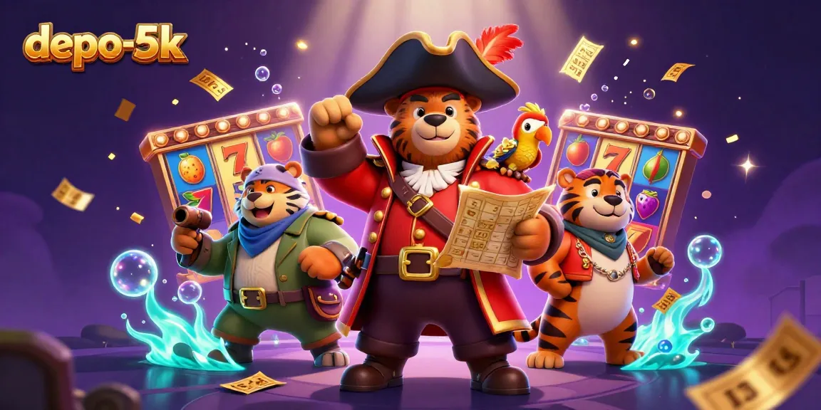 Spin for big wins with depo-5k featuring a pirate captain bear, tiger, and treasure map.