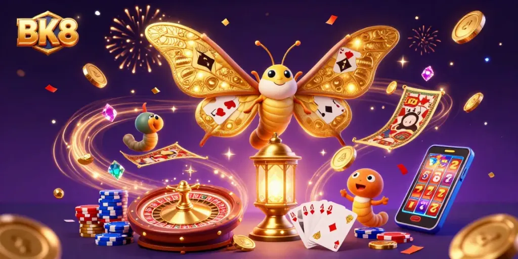Experience BK8 excitement with magical golden motifs and casino themes surrounded by dynamic elements.