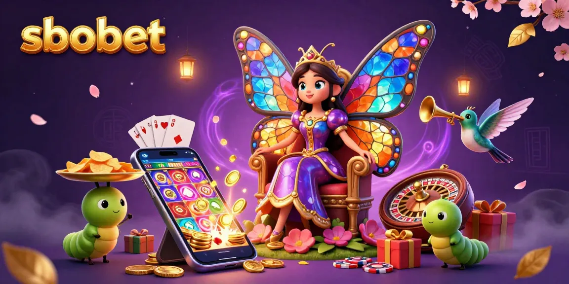 Bet on sbobet with excitement as a butterfly queen oversees lively gambling elements in a vibrant scene.