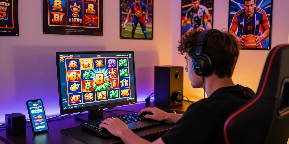 Exciting slot depo 5k gaming scene showcasing an engaged player enjoying vibrant online slot games with big win icons and colorful graphics in a cozy home setup.