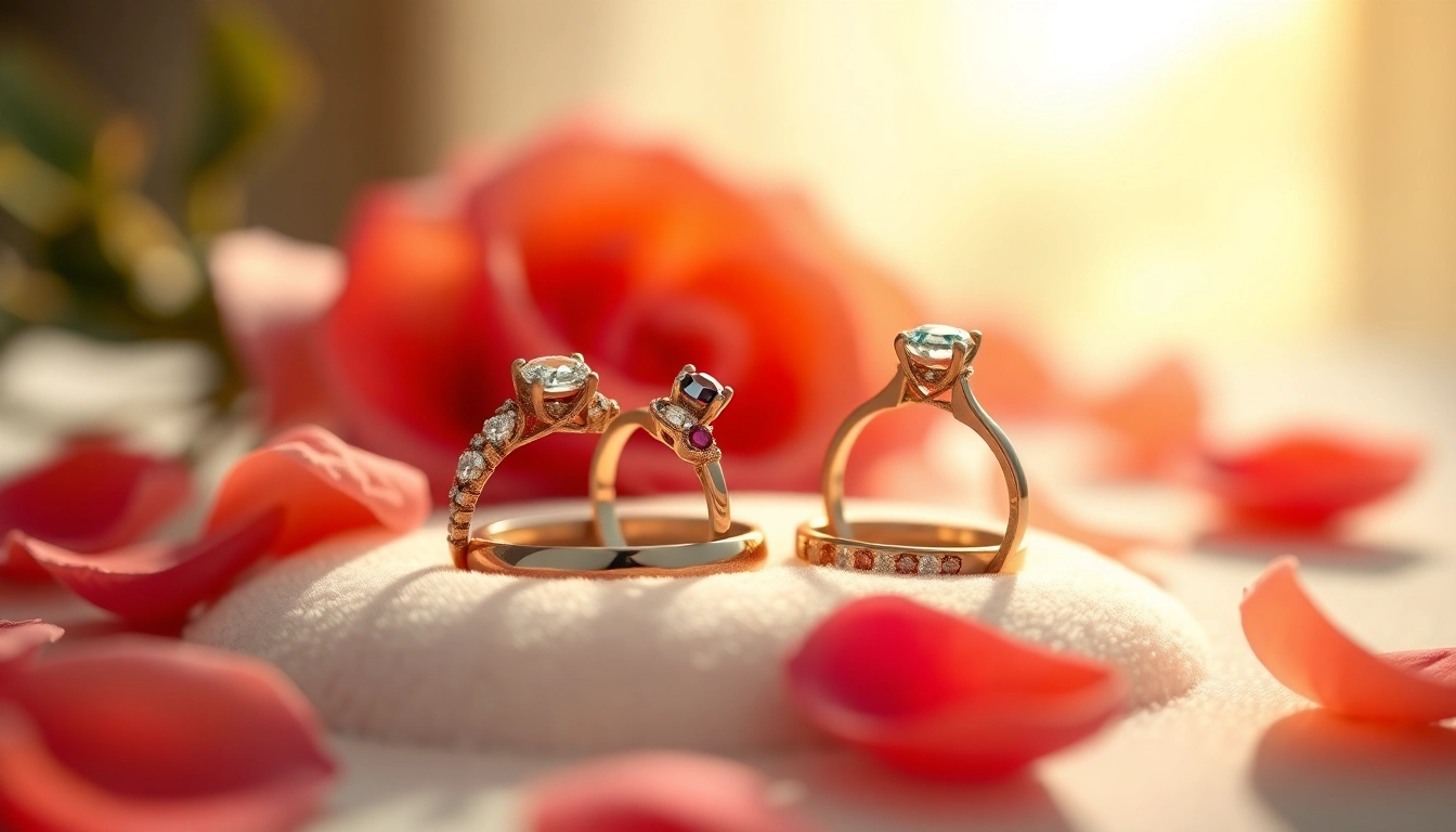 Showcasing beautiful promise rings nestled among rose petals, with intricate designs and sparkling gems.