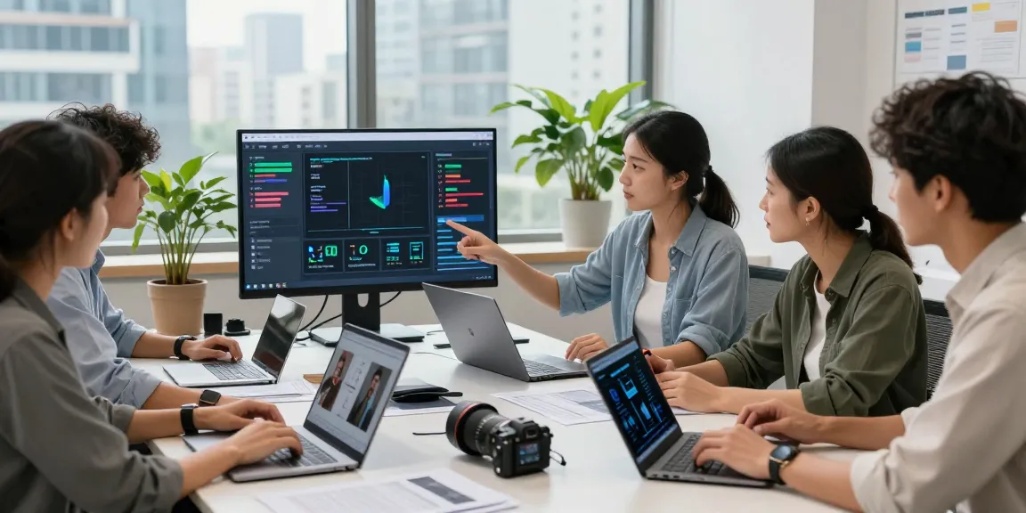 A diverse team using the AI image detector to analyze digital images in a modern office.