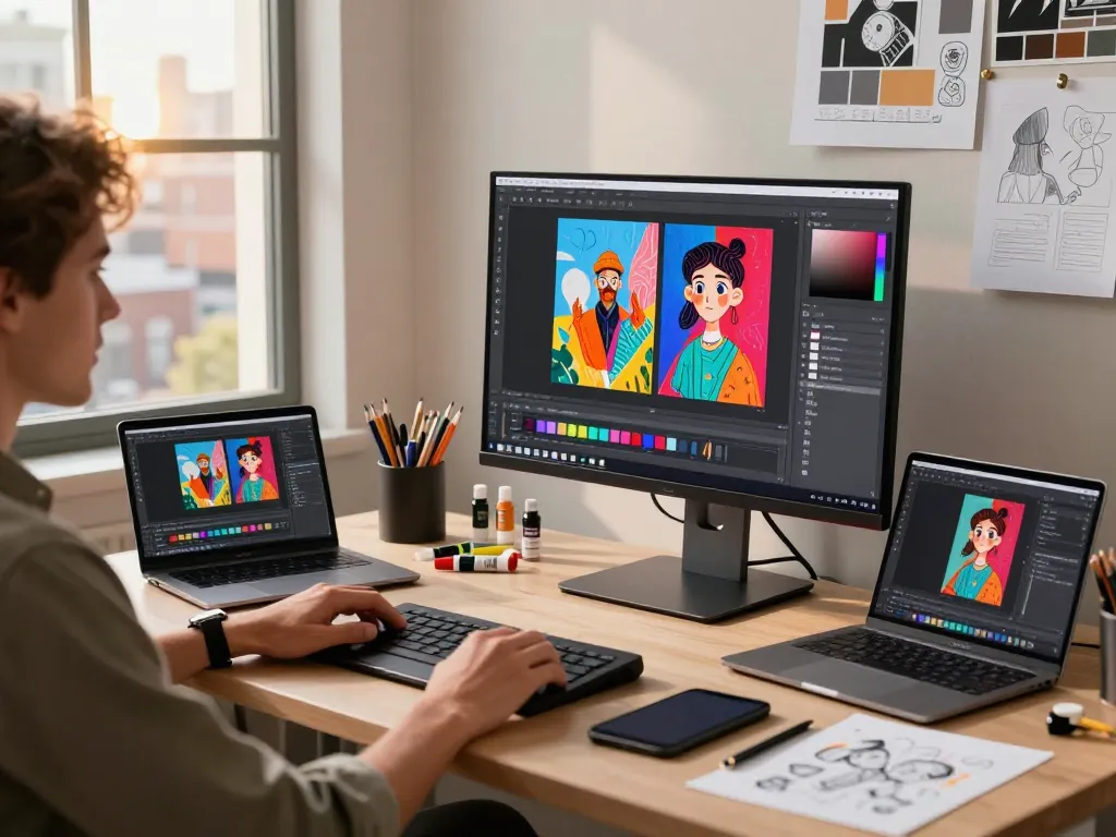 Creative workspace with a designer editing images using Nano Banana 2 AI, showcasing vibrant art on screen.
