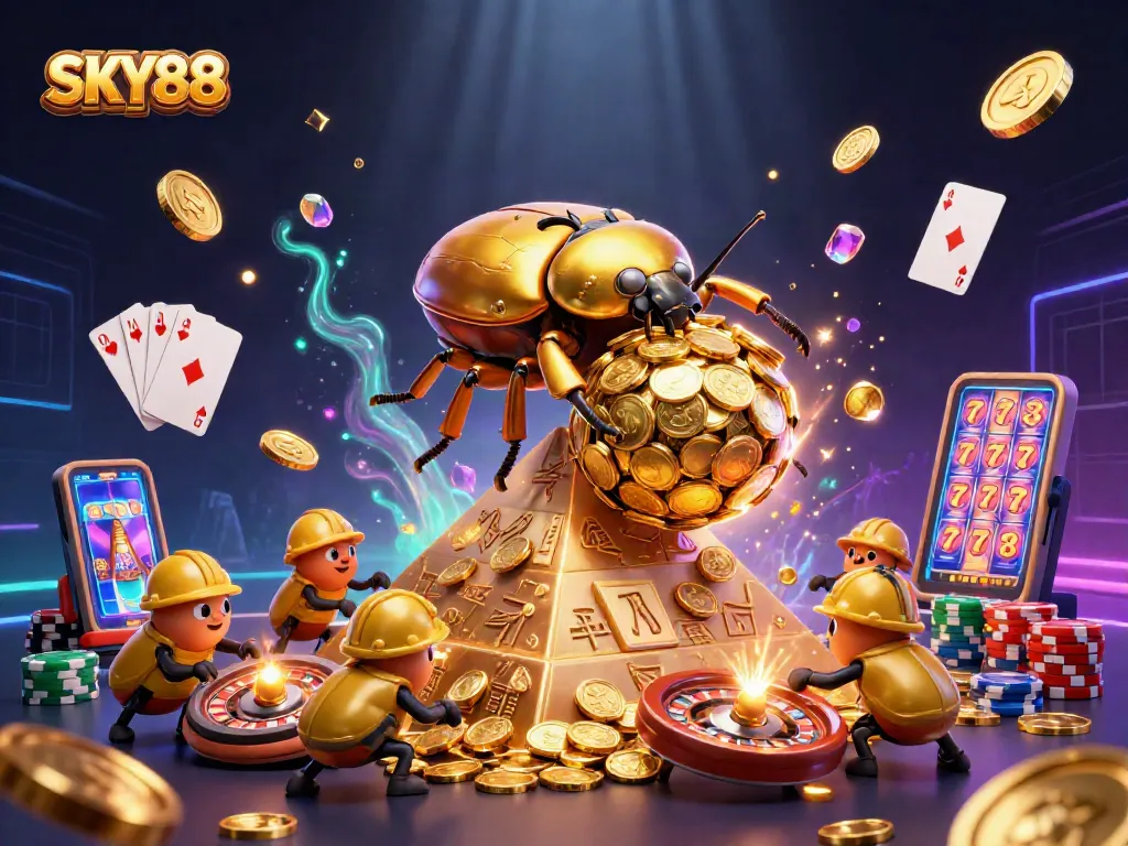 Engage with SKY88's thrilling gambling experience featuring golden beetles and casino elements.