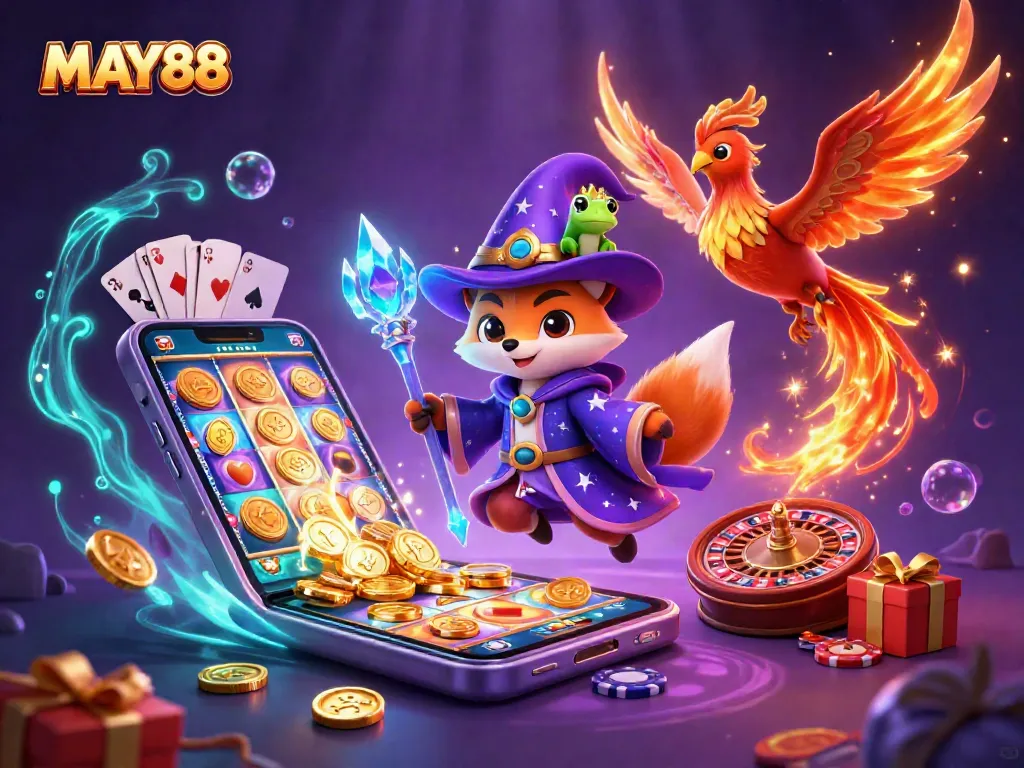 MAY88 invites players to a magical gaming adventure with vibrant casino elements in a stunning 3D illustration.