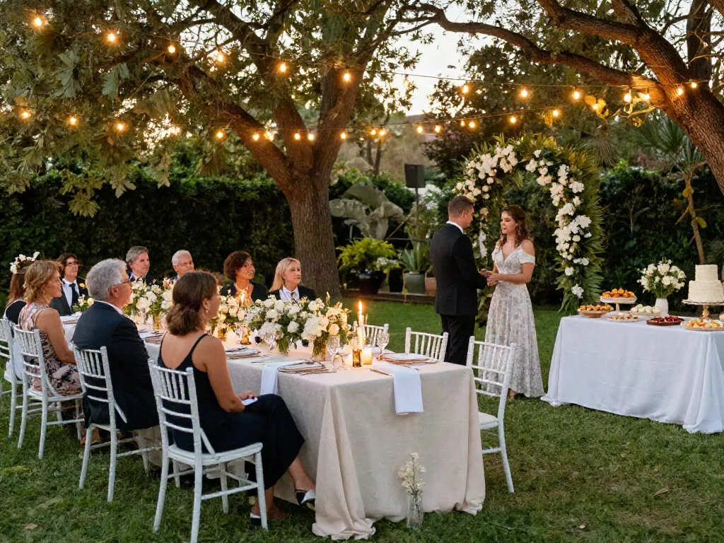 Outdoor wedding scene showcasing elegant event rentals with glowing decorations and seated guests.