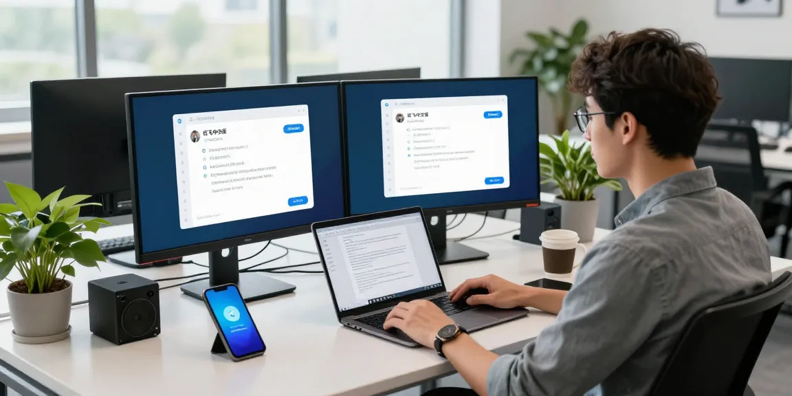 Developer using 纸飞机中文版 in a modern workspace with tech setups.