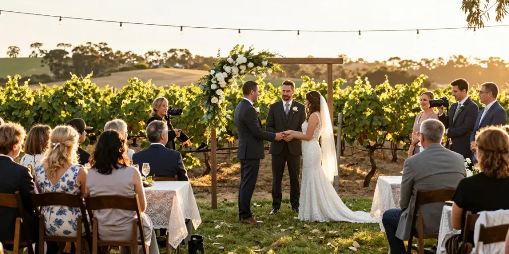 Professional wedding photographer Hunter Valley captures an intimate outdoor ceremony in a vineyard