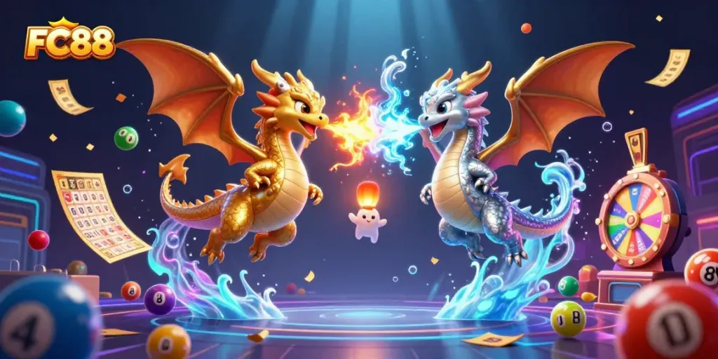 Experience thrilling FC88 adventures with dynamic dragons battling in a vibrant casino-themed illustration.