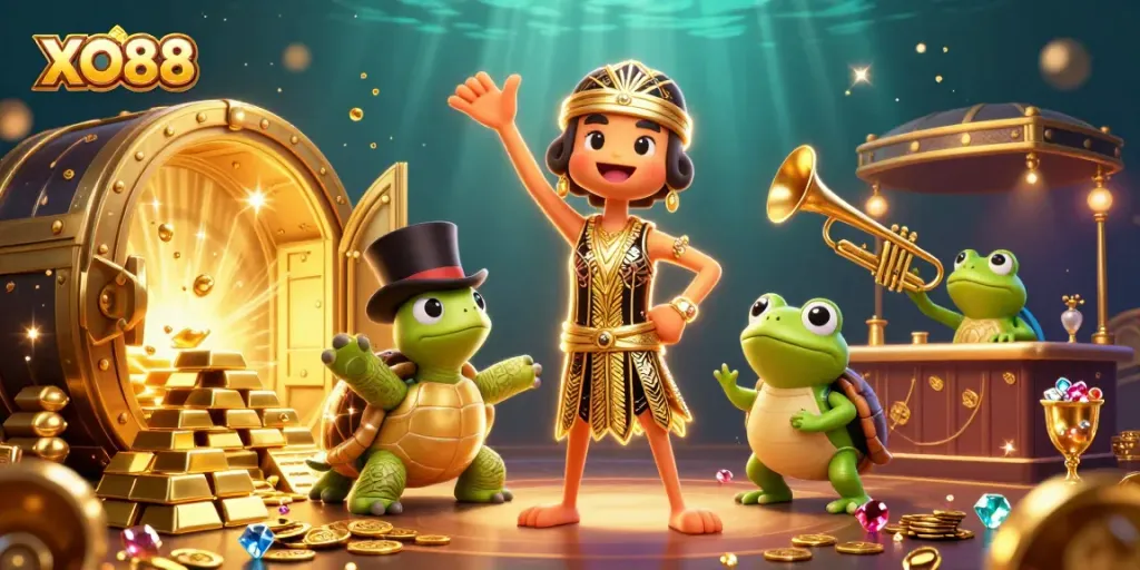 Experience the excitement of XO88 as top-hat turtle, crane, and trumpet frog celebrate winning jackpots with treasures!