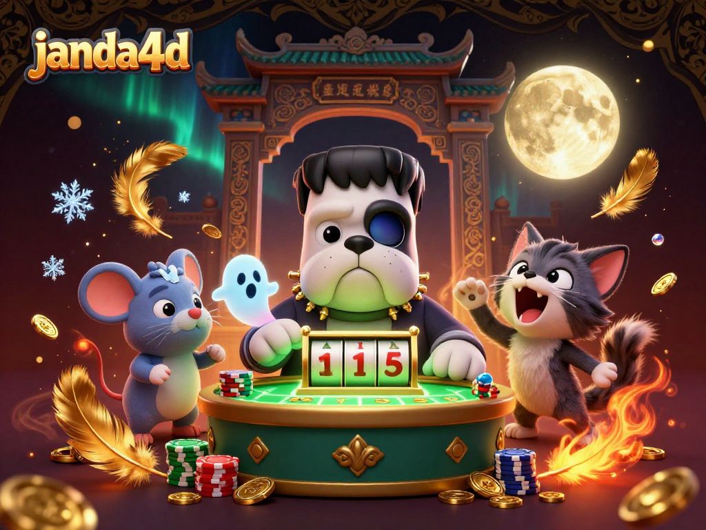 Taruhan slot janda4d dengan anjing Frankenstein dan anak kucing serigala, aksi kasino seru.