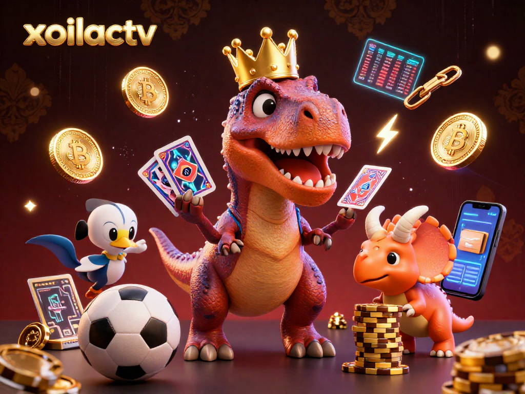 Engage in thrilling sports betting live on xoilactv while a T-Rex shuffles cards among neon coins and vibrant elements.