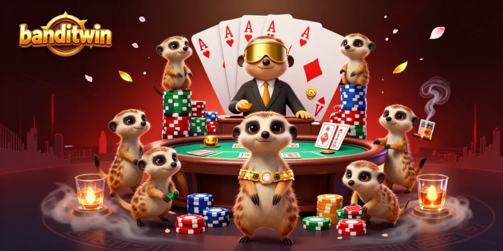 Meeerkat banditwin mengelola kasino dengan semarak, poker meja, dan tumpukan chip.
