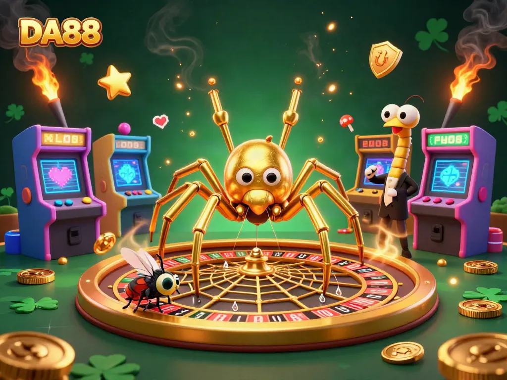 Engaging DA88 casino scene with a golden spider and centipede croupier amid vibrant gaming elements.