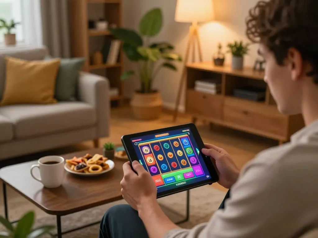 Engaging with link slot gameplay on a tablet in a cozy home setting, promoting responsible gambling.