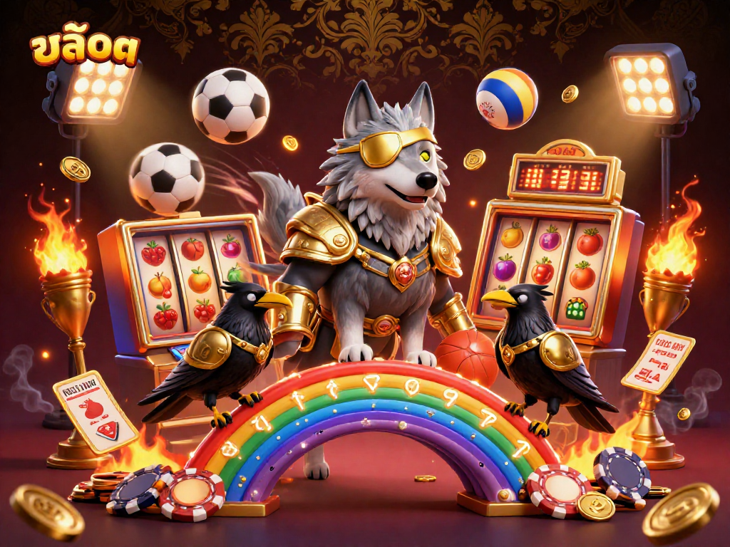 Engage with สล็อต gaming through a thrilling 3D illustration featuring Odin, ravens, and dynamic casino elements.