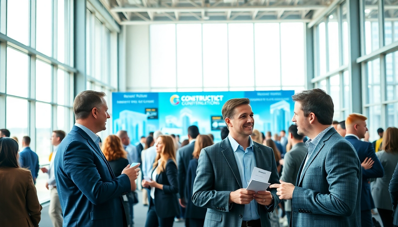 Engaged professionals networking at construction networking events, exchanging ideas in a modern conference hall.