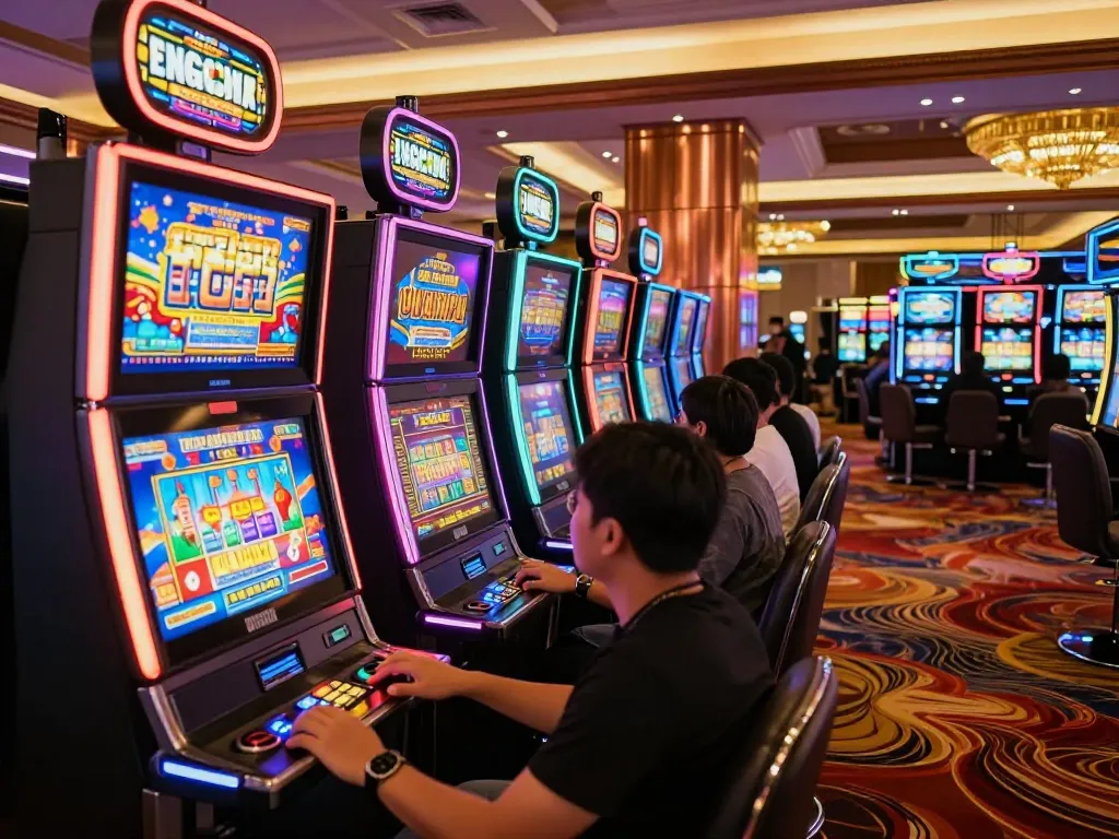 Engaging session at slot machines, showcasing dynamic slot gacor gameplay in a vibrant casino atmosphere.