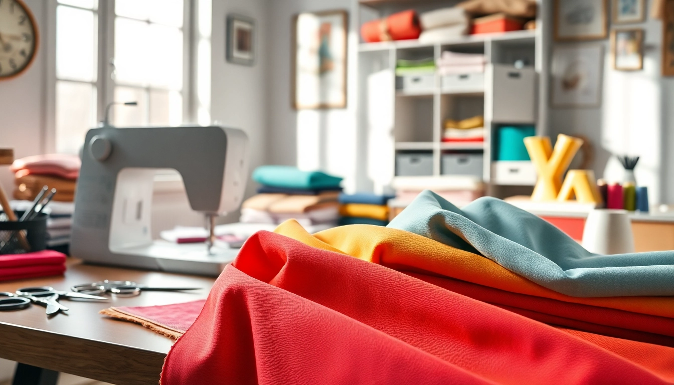 Sewing fabrics voor naaien beginners displayed in a vibrant workspace.