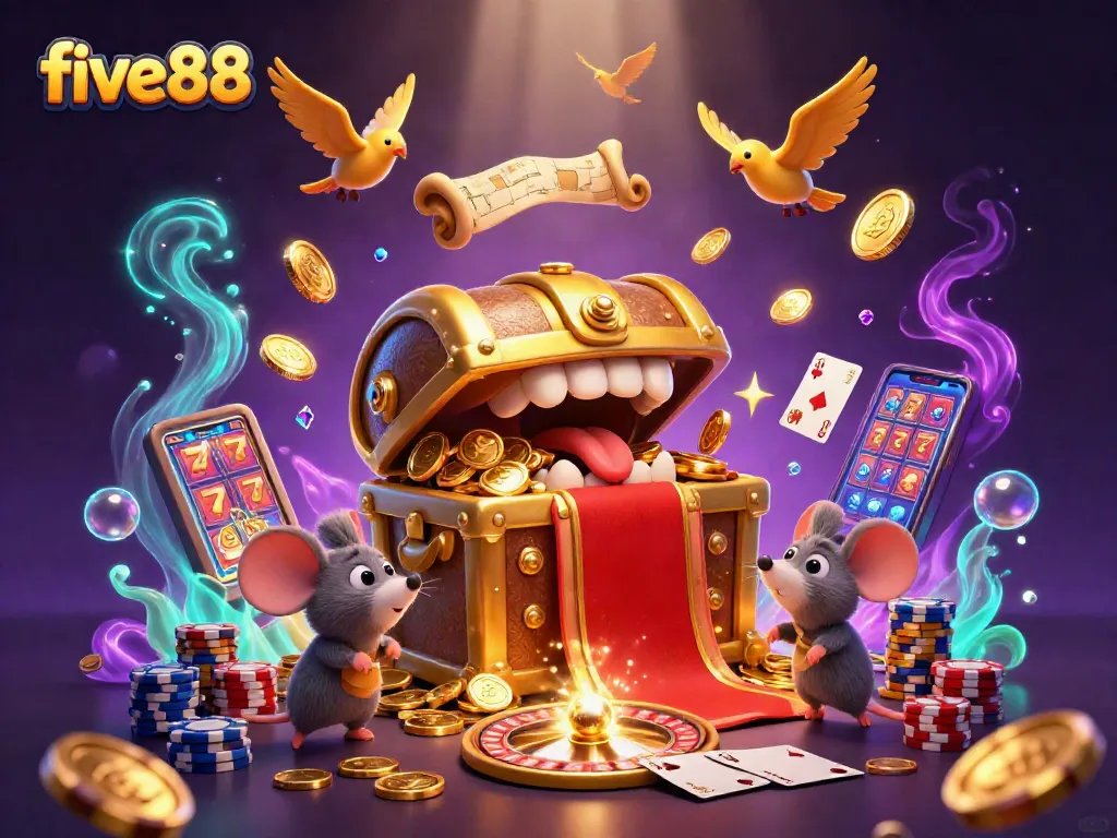 Win big with five88 by spinning the roulette wheel amid shimmering treasures and animated characters.