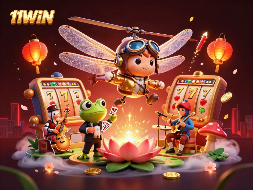 Engage with 11WIN’s vibrant casino adventure, featuring a dragonfly pilot, frog dealer, and jazz band in a lively setting.