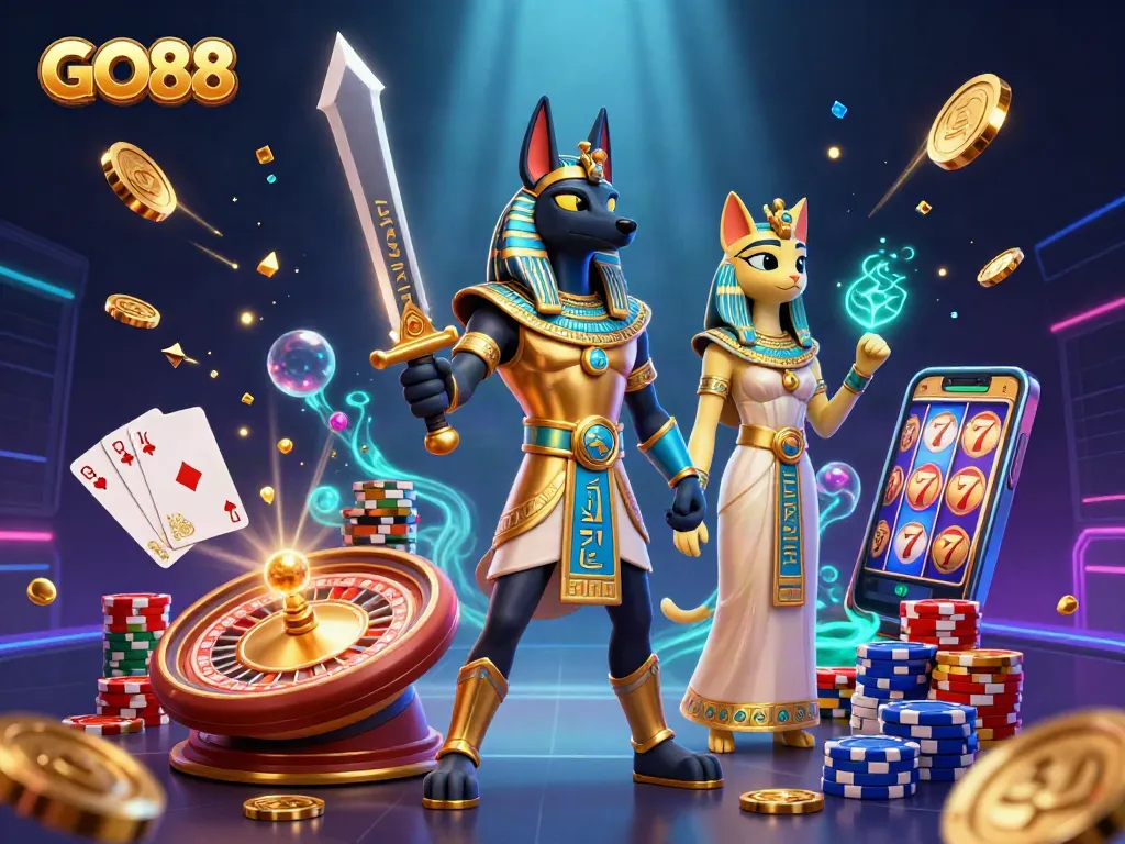 Spin and win at GO88's vibrant casino scene featuring Anubis and Bastet with dynamic game elements.