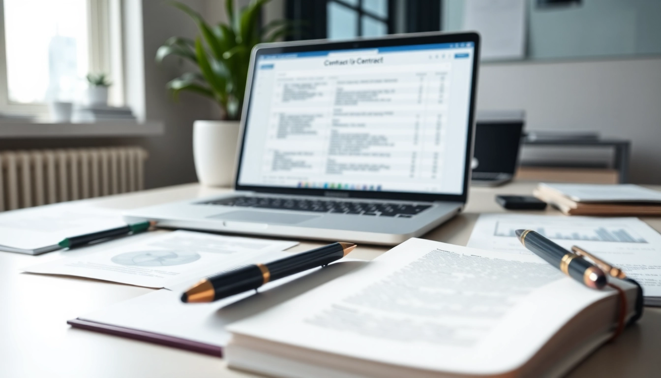 Illustration of effective Contract Management system showcasing organized documents and a digital interface.