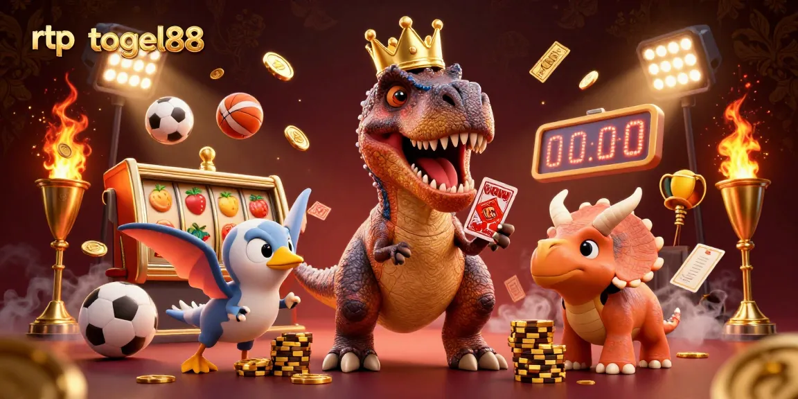 rtp togel88 scene showcasing a T-Rex shuffling cards and characters stacking chips amidst dynamic slot game elements.