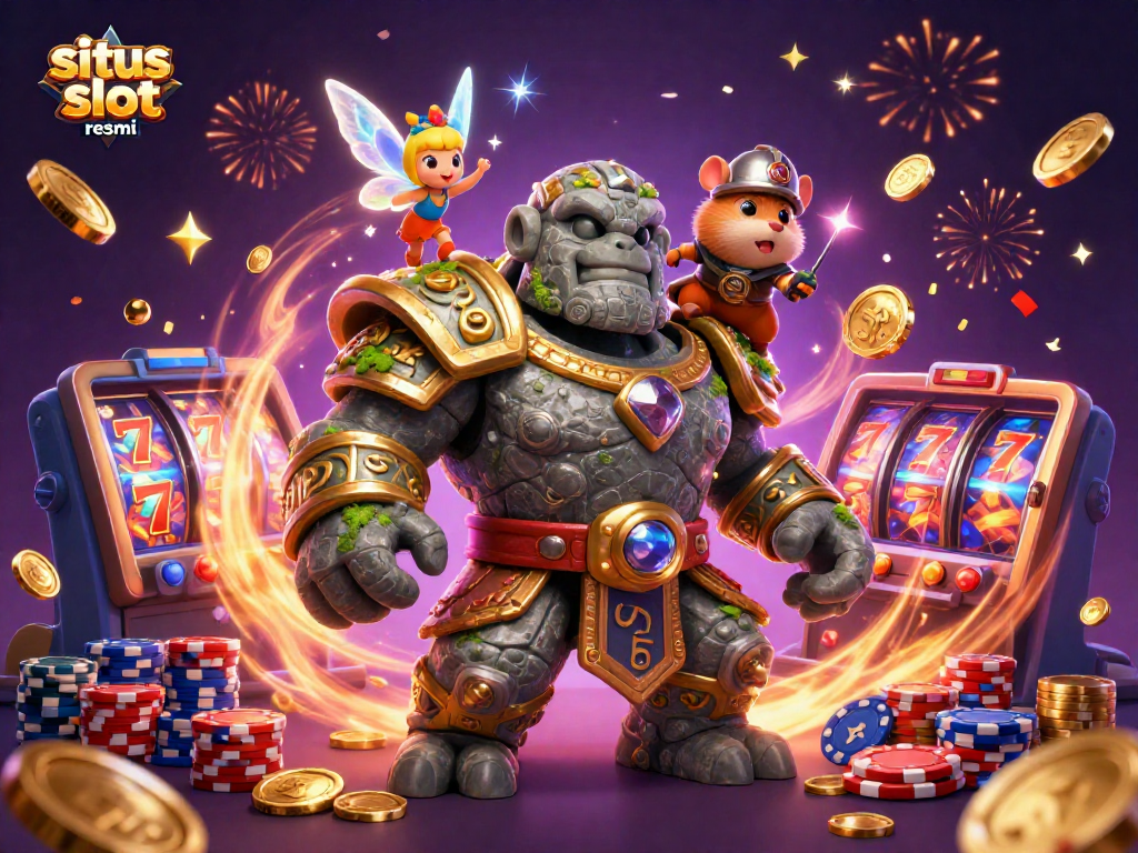 Experience exciting gameplay at situs slot resmi with loyal guardian, tiny fairy, and hamster knight amidst casino elements.