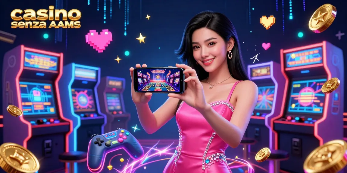Scopri l'emozione dei casino senza AAMS con un'illustrazione digitale vivace di una donna asiatica che interagisce con un gioco dal vivo sul suo smartphone.