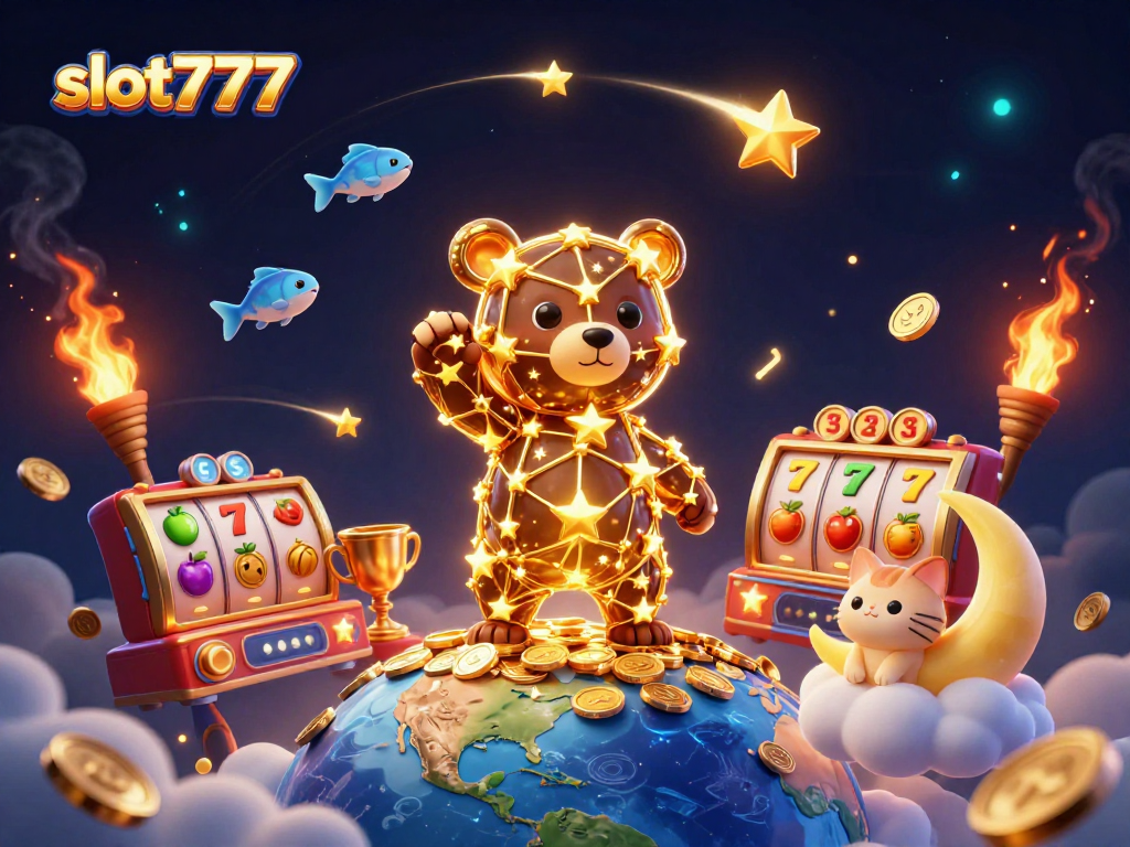Spin and win big with slot777’s vibrant 3D illustration featuring golden elements and slot symbols.