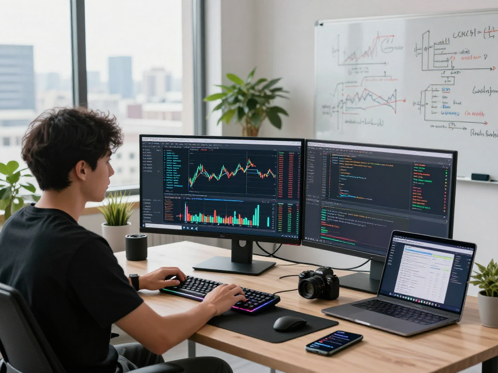 Futures high frequency tick API analysis in a modern trading workspace showcasing real-time data and software engineering.