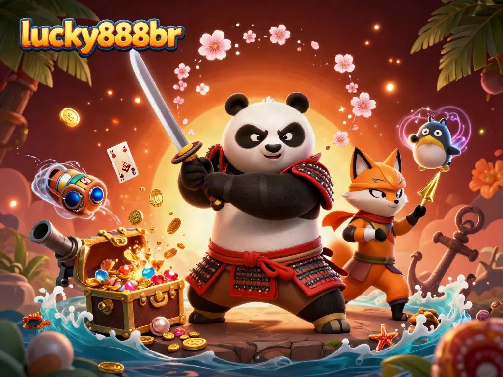 Lucky888br showcases a vibrant, animated casino adventure with a samurai panda and ninja fox.
