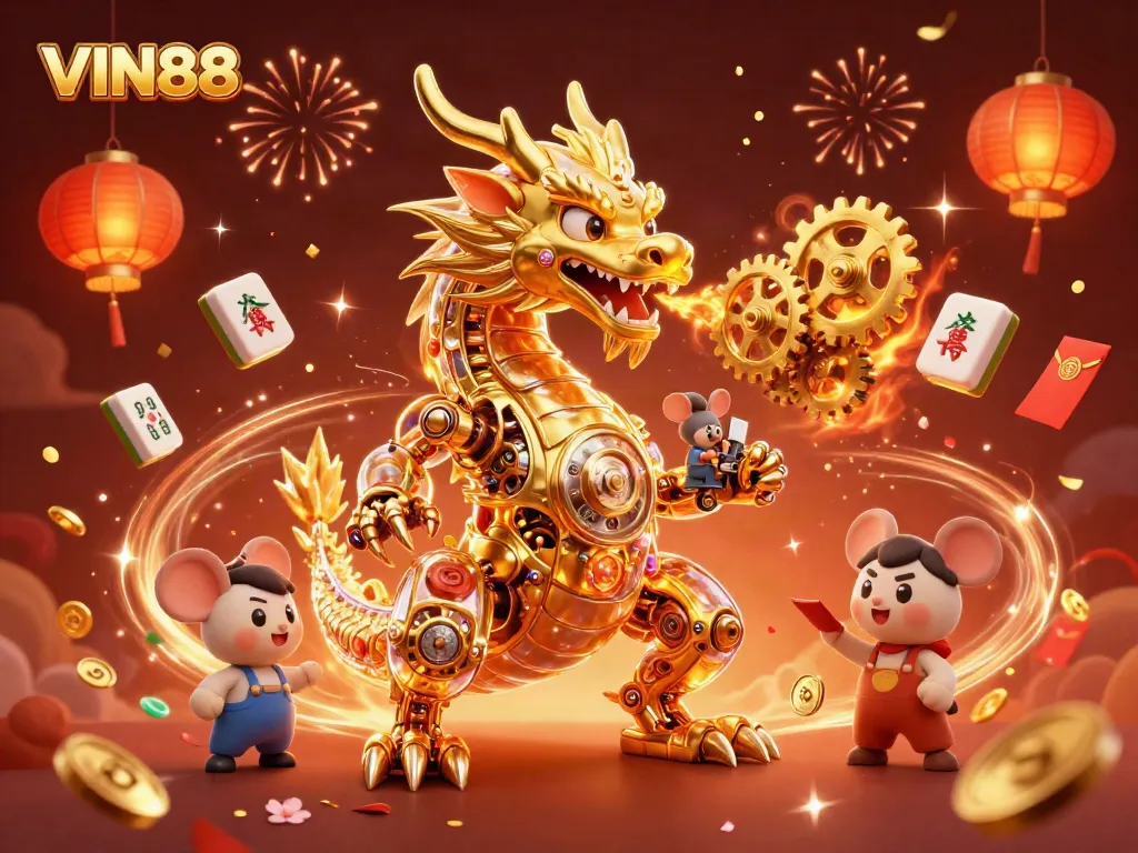 Explore the captivating world of VIN88 with a golden dragon and festive elements in this engaging illustration.