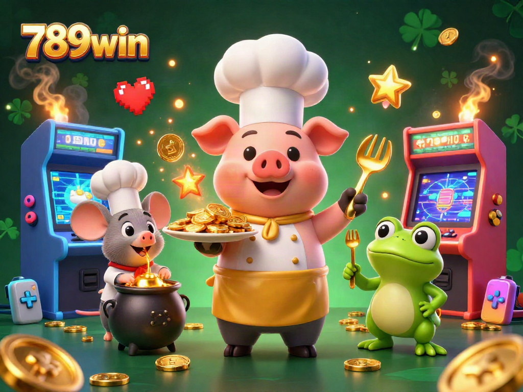 Engage with 789win at a vibrant casino as a chef pig serves gold coins in a colorful arcade.
