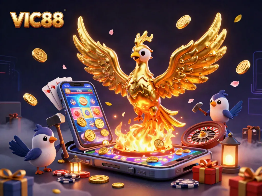 Experience thrilling wins with VIC88, showcasing immersive casino elements in a dynamic 3D illustration.