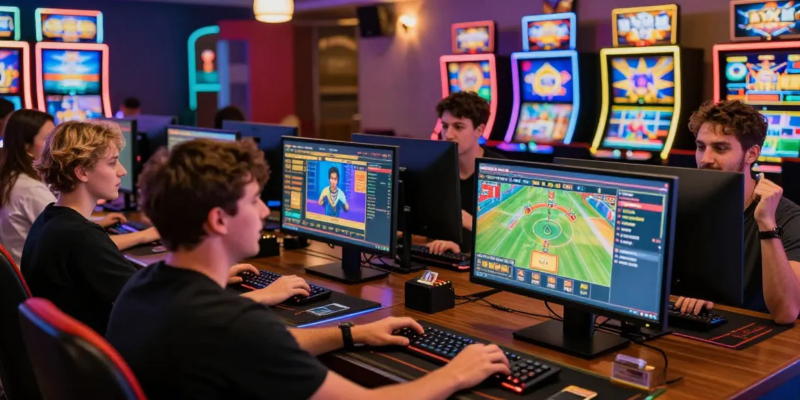 Players enjoying credit card casinos at an online gaming workspace with vibrant neon lights and lively chat.