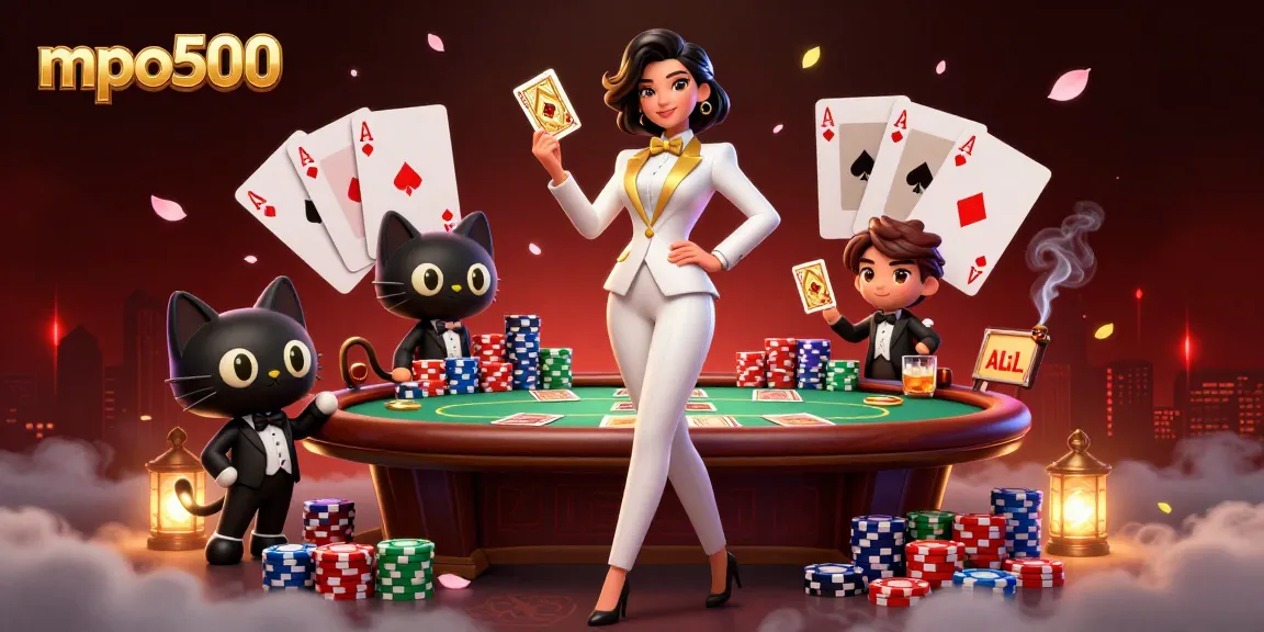 Experience the vibrant gameplay of mpo500 with a glamorous dealer and poker action in a rich casino scene.